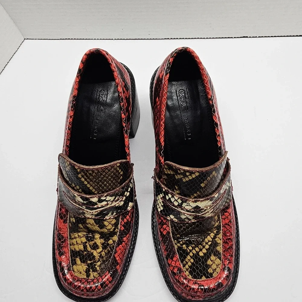 ASOS Womens Sz 6 Chunky Loafers Red Black Faux Snakeskin 3